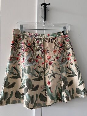 Made in France Silk Wool Watercolor Floral Button Front A-Line Mini Skirt M-L